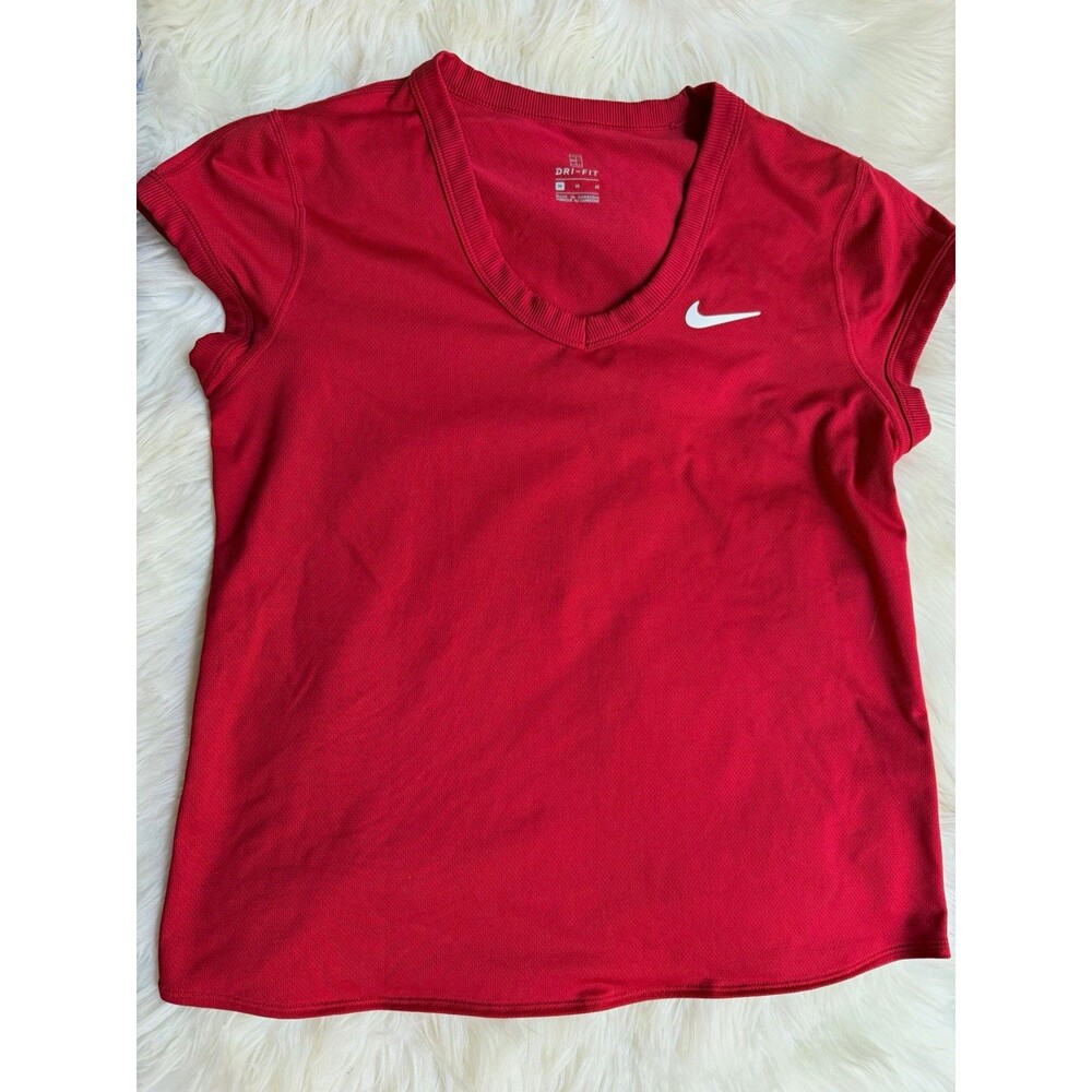 Nike Dri-FIT womens size m short sleeve V-neck red mesh polyester athletic tee